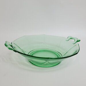 VTG Uranium Green Depression Glass Bowl Octagon Serving Bowl with Handles 11"